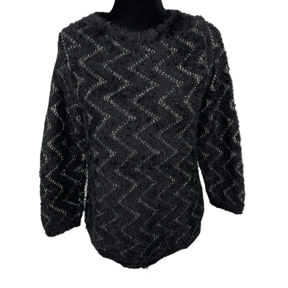 Chicos Black gold Metallic zig zag fuzzy sweater 0 - Picture 3 of 15